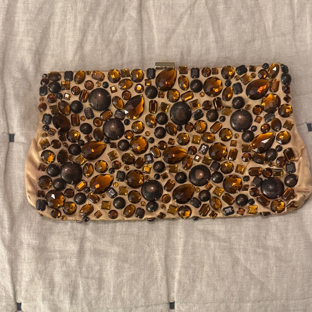 J. Crew Embellished Tan Clutch with Amber Accents